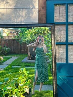 Green Polka Dot Midi Dress with Side Slit